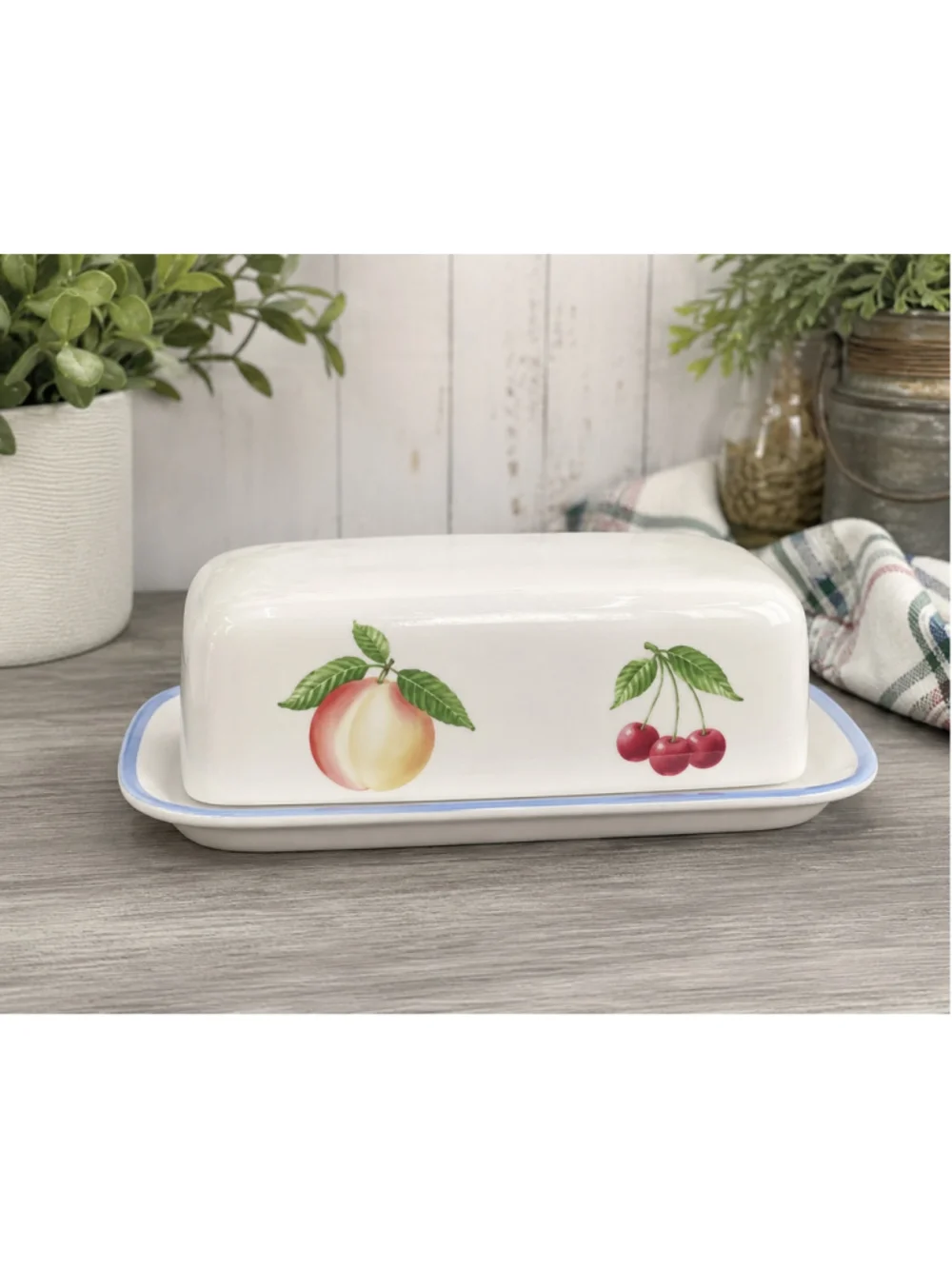 1999 Pfaltzgraff Hopscotch Fruit Ceramic Covered Butter Dish Peach Cherry